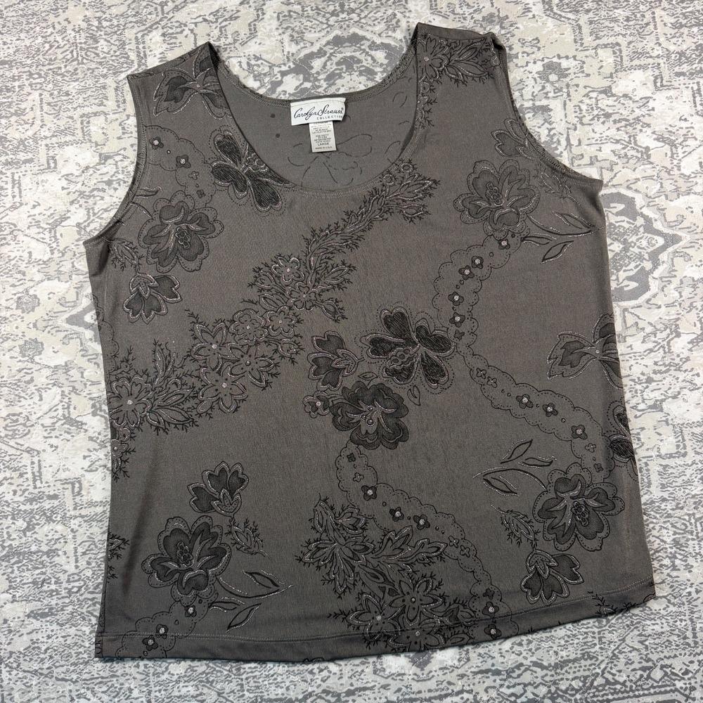 Carolyn Strauss Womens Large Brown Floral Glitter Tank Top Sleeveless USA Y2K